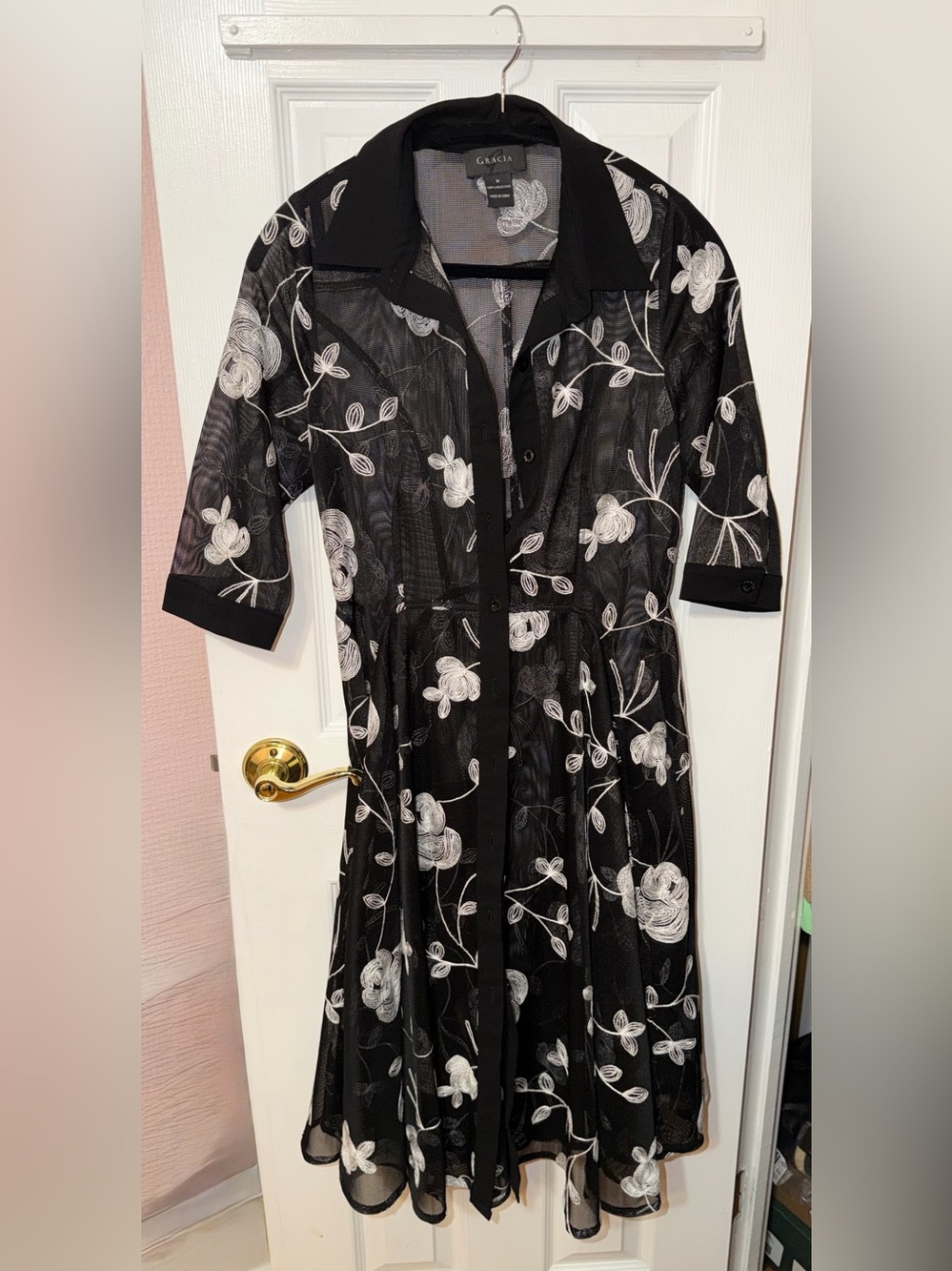 Gracia mesh sheer button down dress medium black/white floral embroidering